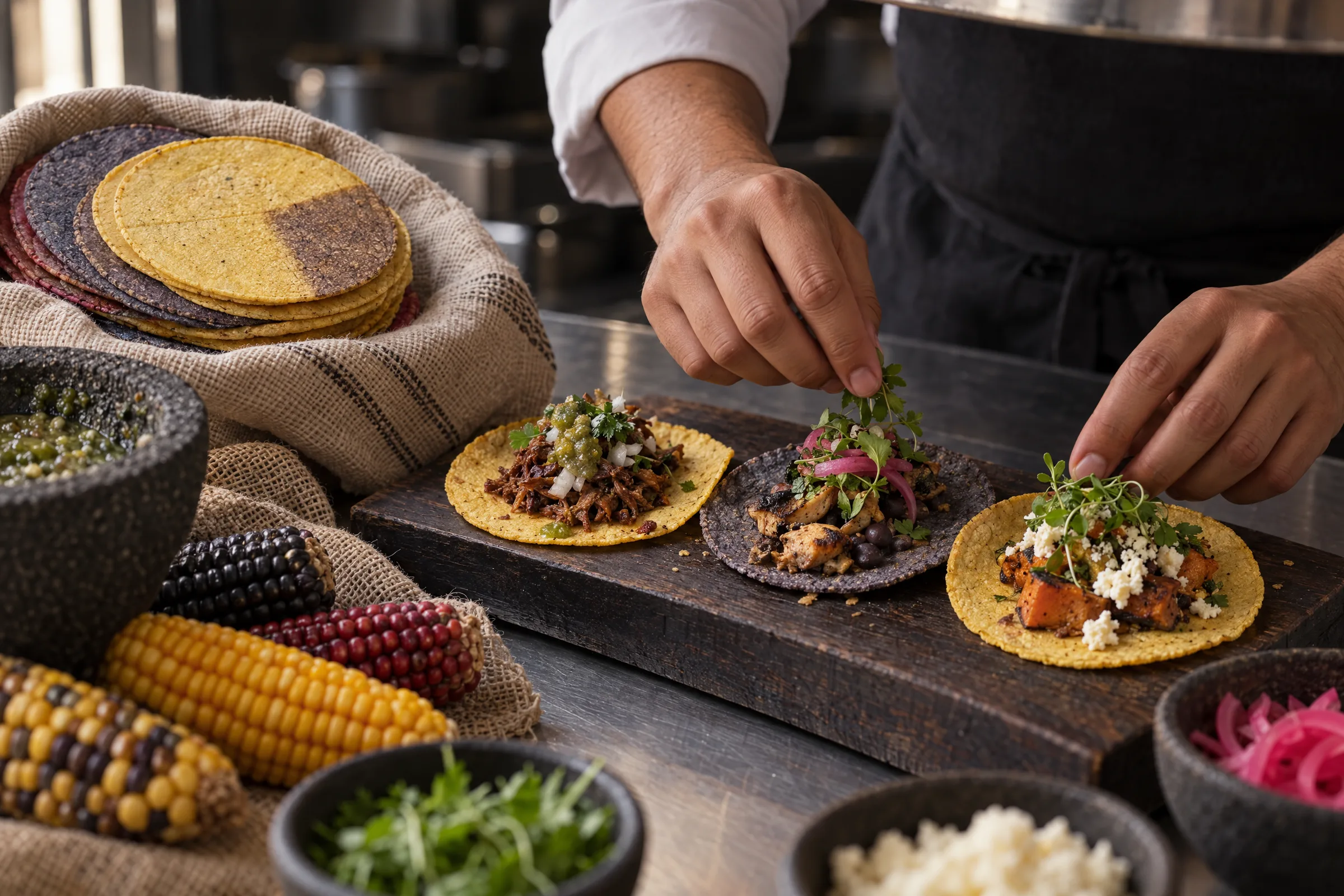 Tacos armados sobre tortillas de maíz criollo en cocina profesional